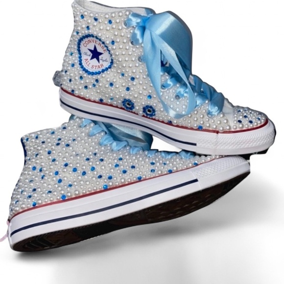 Capri Blue Crystal Diamond & Pearls High Top Converse Sizes 5-14 New - Picture 1 of 12